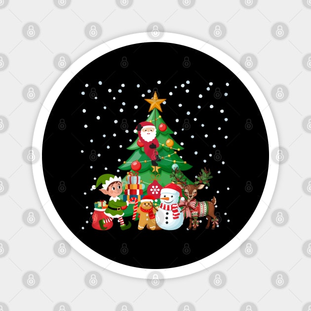 Magical Christmas Tree Scene with Santa, Elf, Snowman, Reindeer Magnet by Creatifly Graphic Tees